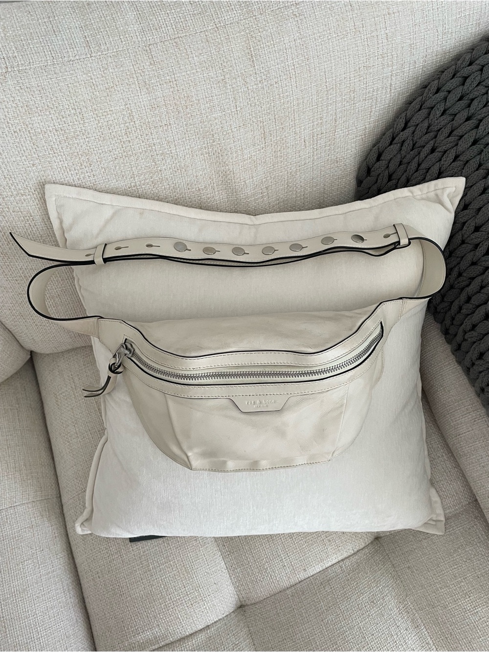 Rag & Bone Commuter Genuine Leather Fanny Pack Belt Bag Antique White Silver